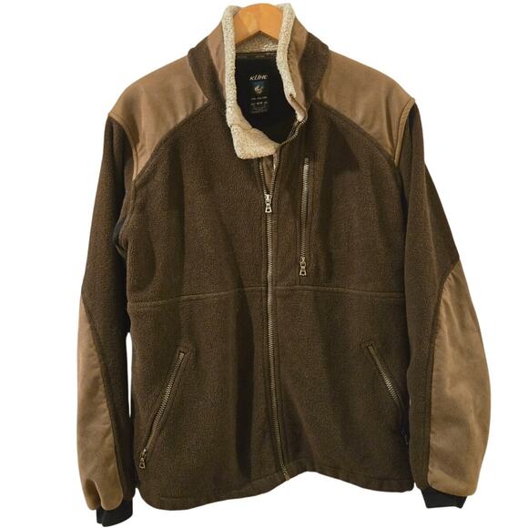 KUHL ALPENWURX Fleece Jacket Brown Full Zip Faux Leather Sherpa Collar Medium - Picture 1 of 10